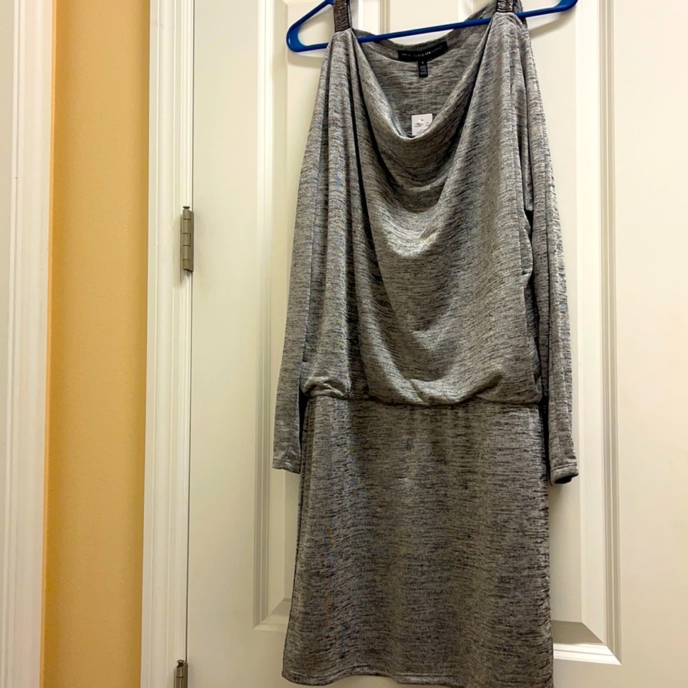 Cowl neck style off shoulder sleeves, lined dress. White House Black Market S